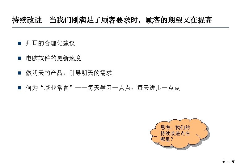 持续改进—当我们刚满足了顾客要求时，顾客的期望又在提高 ¾ 拜耳的合理化建议 ¾ 电脑软件的更新速度 ¾ 做明天的产品，引导明天的需求 ¾ 何为“基业常青”——每天学习一点点，每天进步一点点 思考：我们的 持续改进点在 哪里？ 第 32
