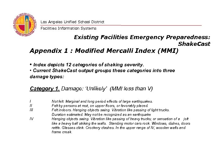 Los Angeles Unified School District Facilities Information Systems Existing Facilities Emergency Preparedness: Shake. Cast