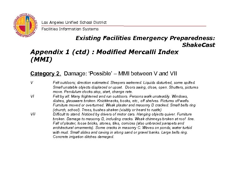 Los Angeles Unified School District Facilities Information Systems Existing Facilities Emergency Preparedness: Shake. Cast