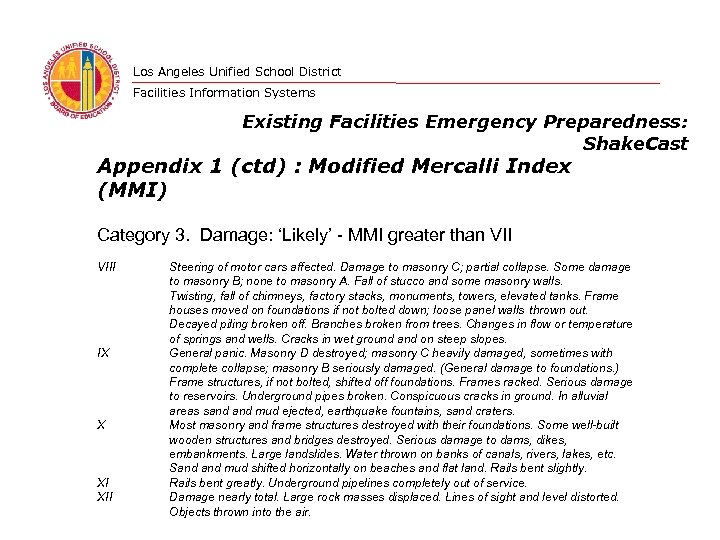 Los Angeles Unified School District Facilities Information Systems Existing Facilities Emergency Preparedness: Shake. Cast