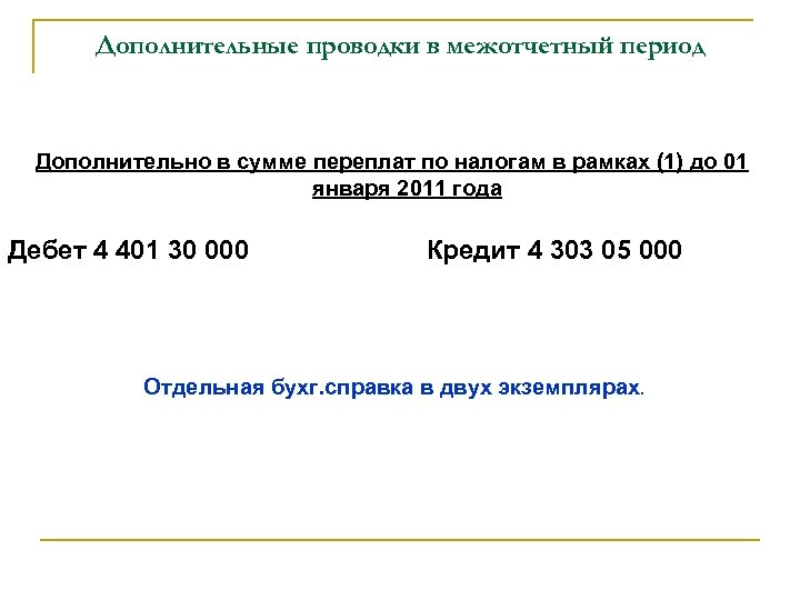 Дополнительные проводки в межотчетный период Дополнительно в сумме переплат по налогам в рамках (1)