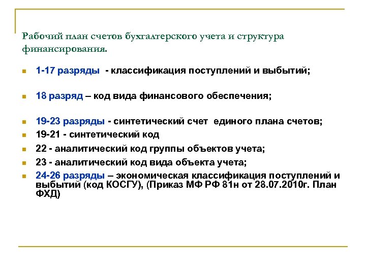Рабочий план счетов бухгалтерского учета и структура финансирования. 1 -17 разряды - классификация поступлений