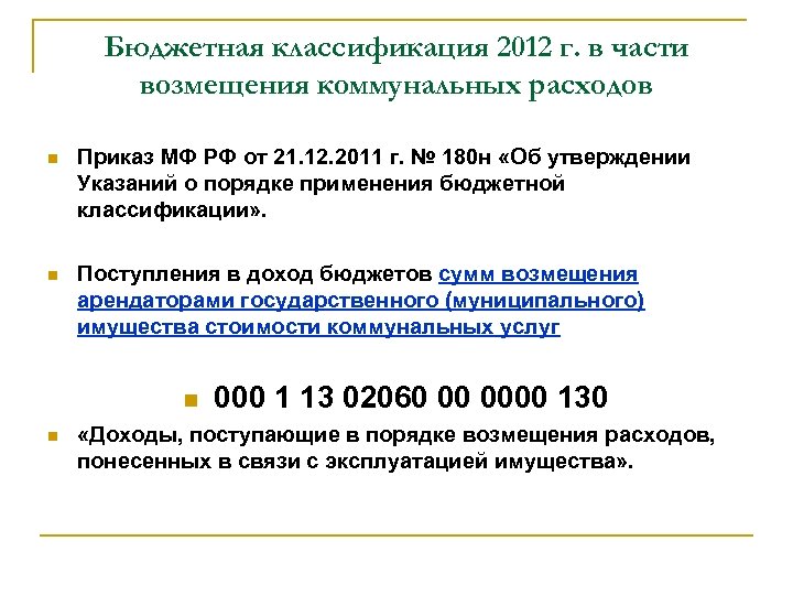 Бюджетная классификация 2012 г. в части возмещения коммунальных расходов Приказ МФ РФ от 21.