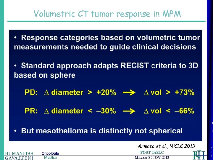 Volumetric CT tumor response in MPM Armato et al. , WCLC 2013 Oncologia Medica