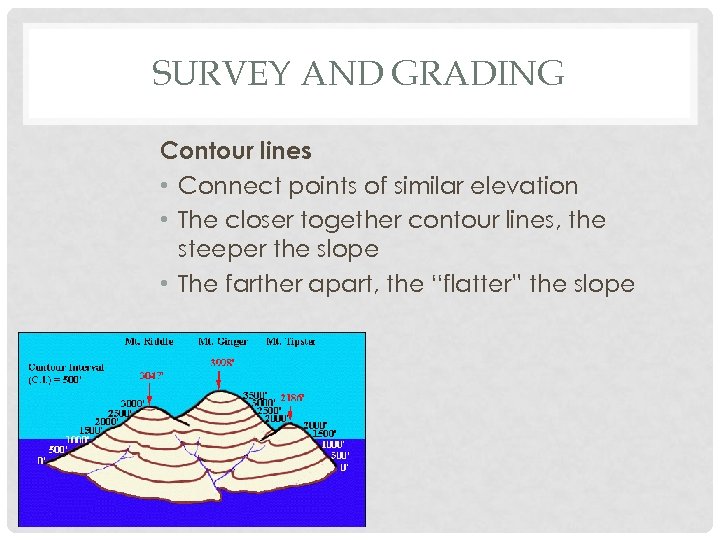 SURVEY AND GRADING Contour lines • Connect points of similar elevation • The closer