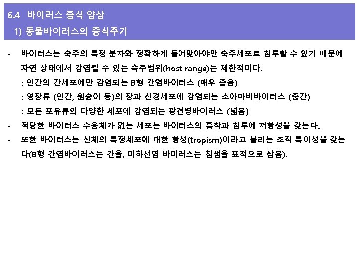 6. 4 바이러스 증식 양상 1) 동물바이러스의 증식주기 - 바이러스는 숙주의 특정 분자와 정확하게