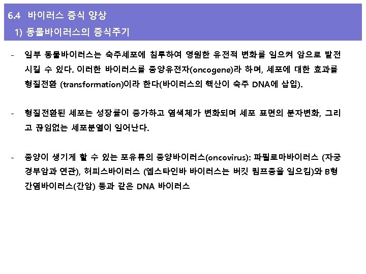 6. 4 바이러스 증식 양상 1) 동물바이러스의 증식주기 - 일부 동물바이러스는 숙주세포에 침투하여 영원한