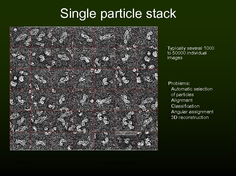 Single particle stack Typically several 1000 to 50000 individual images Problems: Automatic selection of