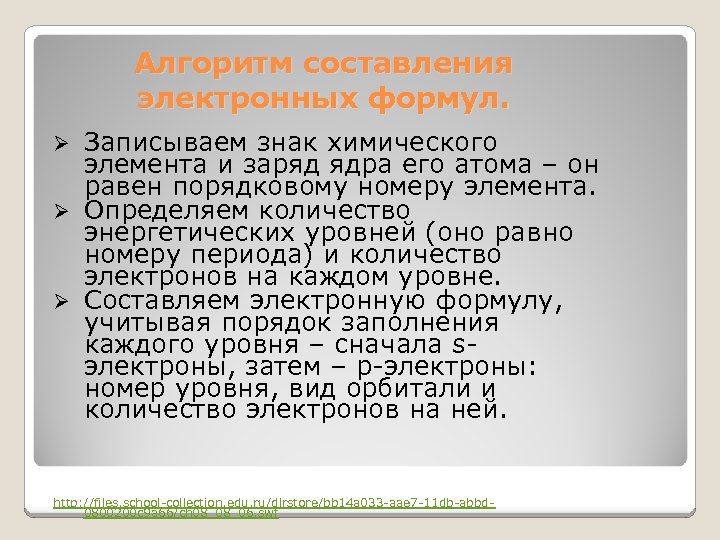 Алгоритм составления электронных формул. Записываем знак химического элемента и заряд ядра его атома –