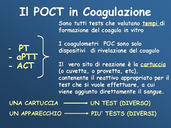 Il POCT in Coagulazione Sono tutti tests che valutano tempi di formazione del coagulo