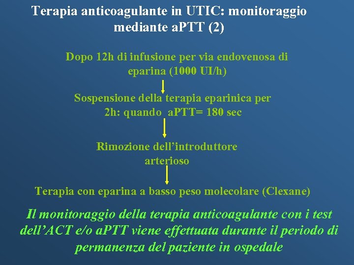 Terapia anticoagulante in UTIC: monitoraggio mediante a. PTT (2) Dopo 12 h di infusione
