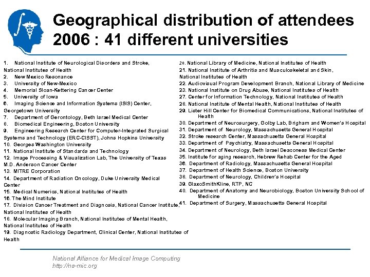 Geographical distribution of attendees 2006 : 41 different universities 1. National Institute of Neurological