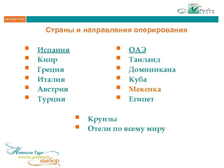 НАТАЛИ ТУРС Страны и направления оперирования § § § Испания Кипр Греция Италия Австрия