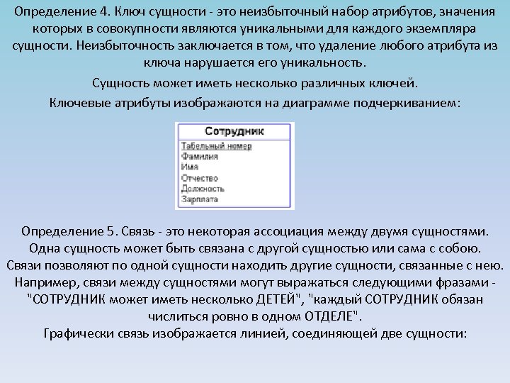 Определение 4. Ключ сущности - это неизбыточный набор атрибутов, значения которых в совокупности являются