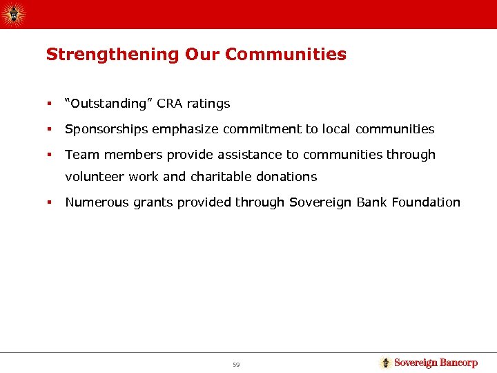 Strengthening Our Communities § “Outstanding” CRA ratings § Sponsorships emphasize commitment to local communities