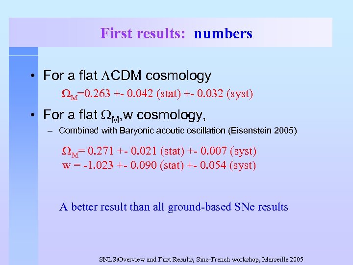First results: numbers • For a flat LCDM cosmology WM=0. 263 +- 0. 042