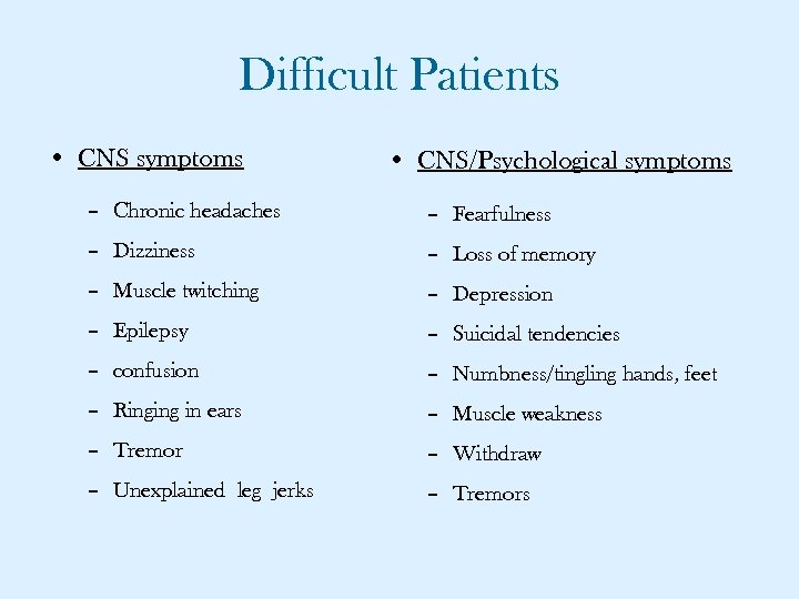 Difficult Patients • CNS symptoms • CNS/Psychological symptoms – Chronic headaches – Fearfulness –
