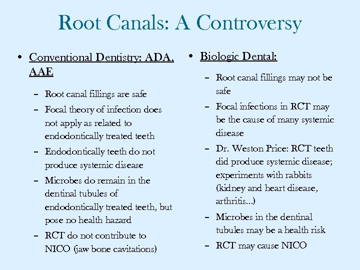 Root Canals: A Controversy • Conventional Dentistry: ADA, AAE • Biologic Dental: – Root