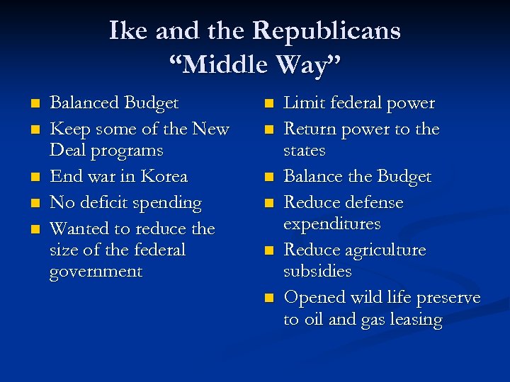 Ike and the Republicans “Middle Way” n n n Balanced Budget Keep some of