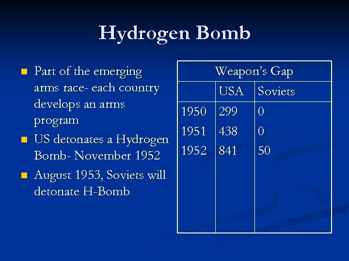 Hydrogen Bomb n n n Part of the emerging arms race- each country develops