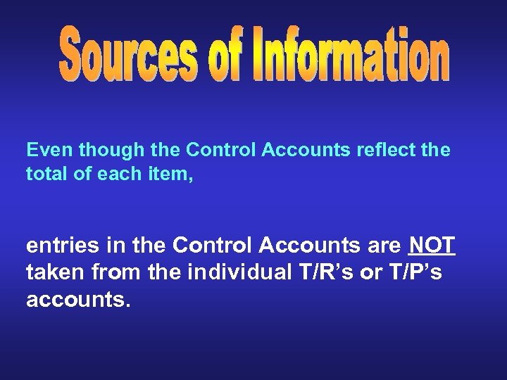 Even though the Control Accounts reflect the total of each item, entries in the