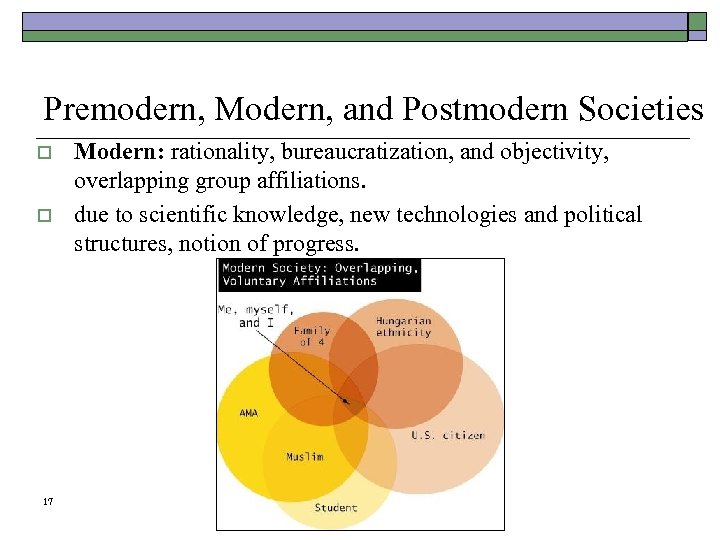 Premodern, Modern, and Postmodern Societies o o 17 Modern: rationality, bureaucratization, and objectivity, overlapping