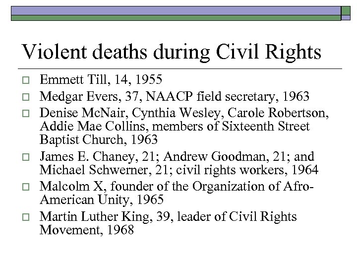 Violent deaths during Civil Rights o o o Emmett Till, 14, 1955 Medgar Evers,