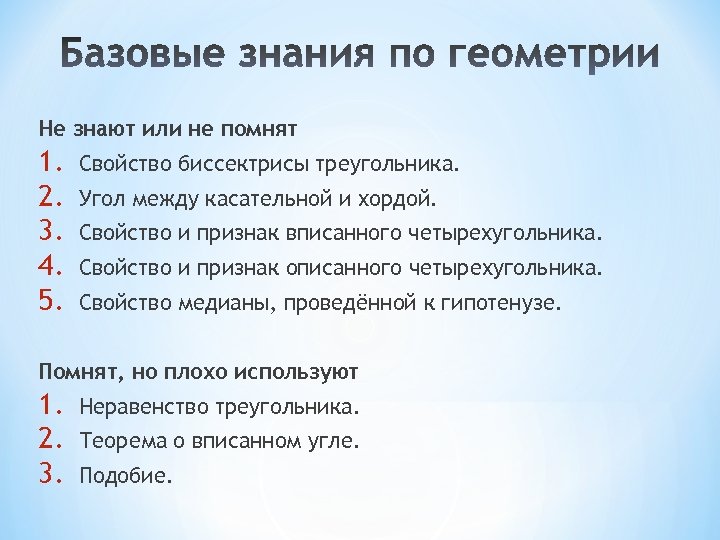 Не знают или не помнят 1. 2. 3. 4. 5. Свойство биссектрисы треугольника. Угол