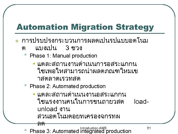 Automation Migration Strategy l การปรบปรงกระบวนการผลตเปนรปแบบอตโนม ต แบงเปน 3 ชวง • Phase 1: Manual production