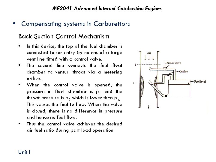 ME 2041 Advanced Internal Combustion Engines • Compensating systems in Carburettors Back Suction Control