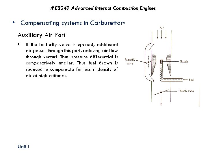 ME 2041 Advanced Internal Combustion Engines • Compensating systems in Carburettors Auxiliary Air Port