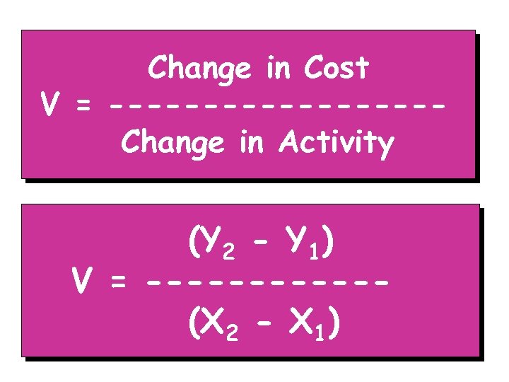 Change in Cost V = ---------Change in Activity (Y 2 - Y 1) V