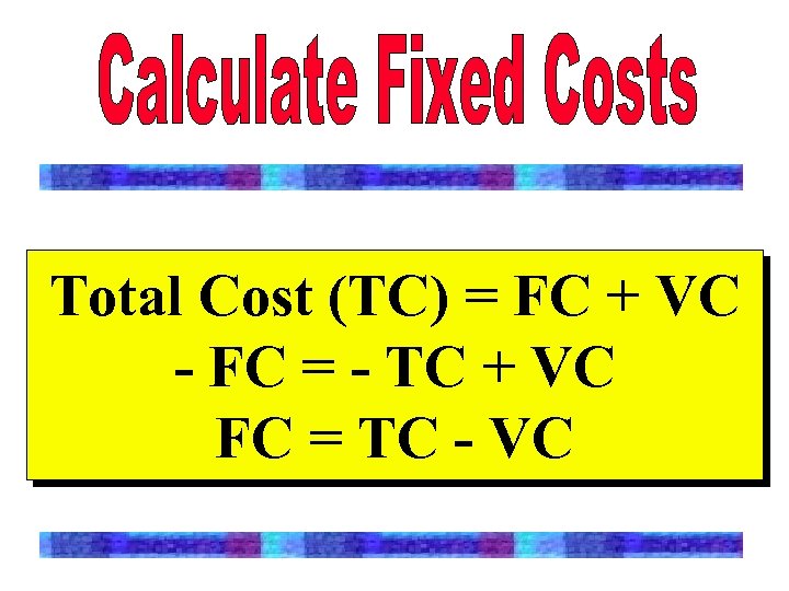 Total Cost (TC) = FC + VC - FC = - TC + VC