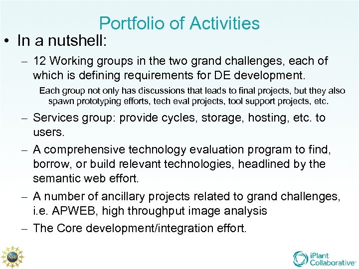 Portfolio of Activities • In a nutshell: – 12 Working groups in the two