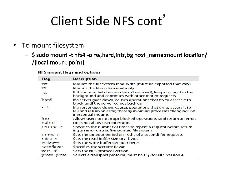 Client Side NFS cont’ • To mount filesystem: – $ sudo mount -t nfs