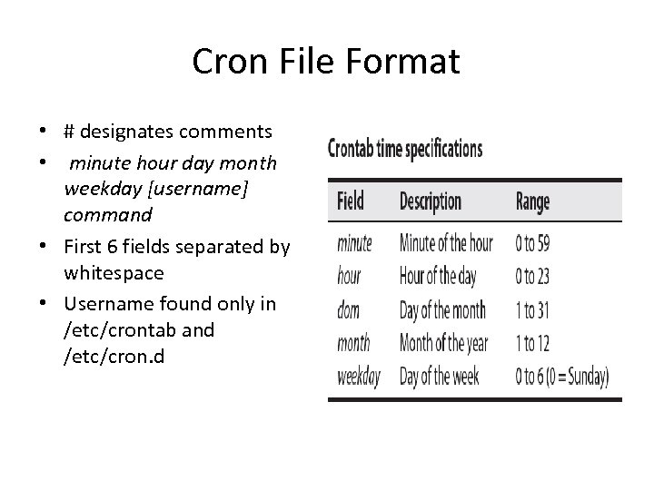 Cron File Format • # designates comments • minute hour day month weekday [username]