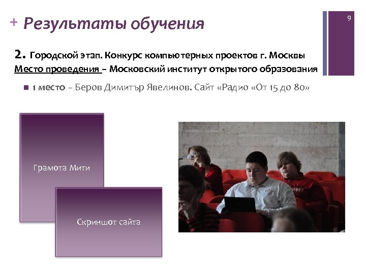 + Результаты обучения 2. Городской этап. Конкурс компьютерных проектов г. Москвы Место проведения –