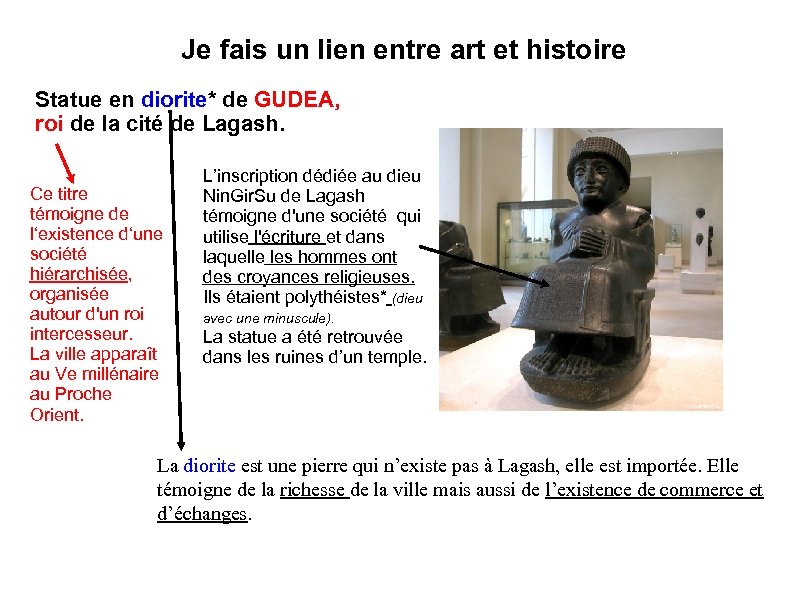 Je fais un lien entre art et histoire Statue en diorite* de GUDEA, roi