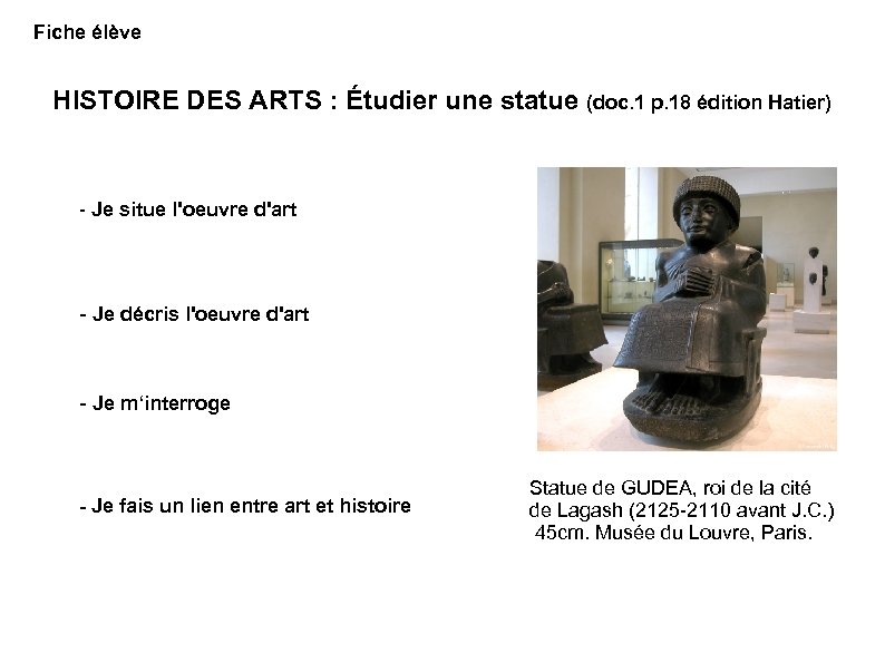 Fiche élève HISTOIRE DES ARTS : Étudier une statue (doc. 1 p. 18 édition