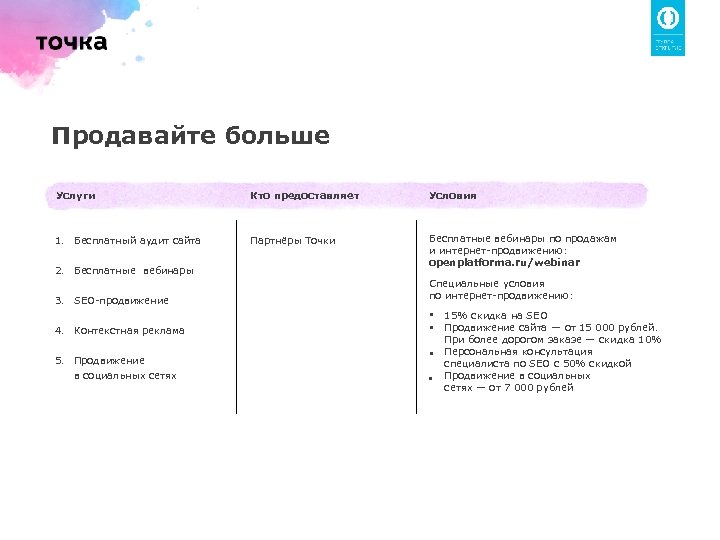 Продавайте больше Услуги Кто предоставляет Условия 1. Бесплатный аудит сайта Партнёры Точки Бесплатные вебинары