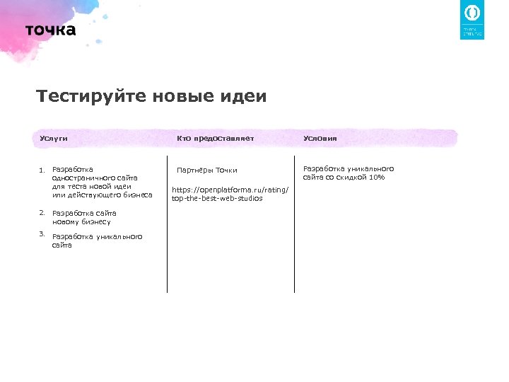 Тестируйте новые идеи Услуги Кто предоставляет Условия 1. Разработка одностраничного сайта для теста новой