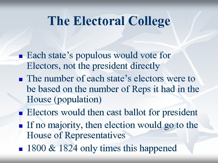 The Electoral College n n n Each state’s populous would vote for Electors, not