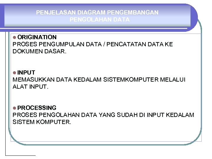 PENJELASAN DIAGRAM PENGEMBANGAN PENGOLAHAN DATA l ORIGINATION PROSES PENGUMPULAN DATA / PENCATATAN DATA KE