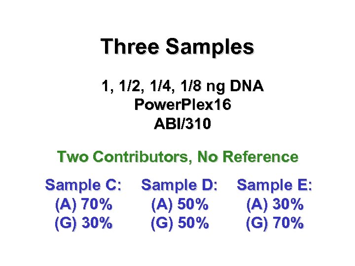 Three Samples 1, 1/2, 1/4, 1/8 ng DNA Power. Plex 16 ABI/310 Two Contributors,