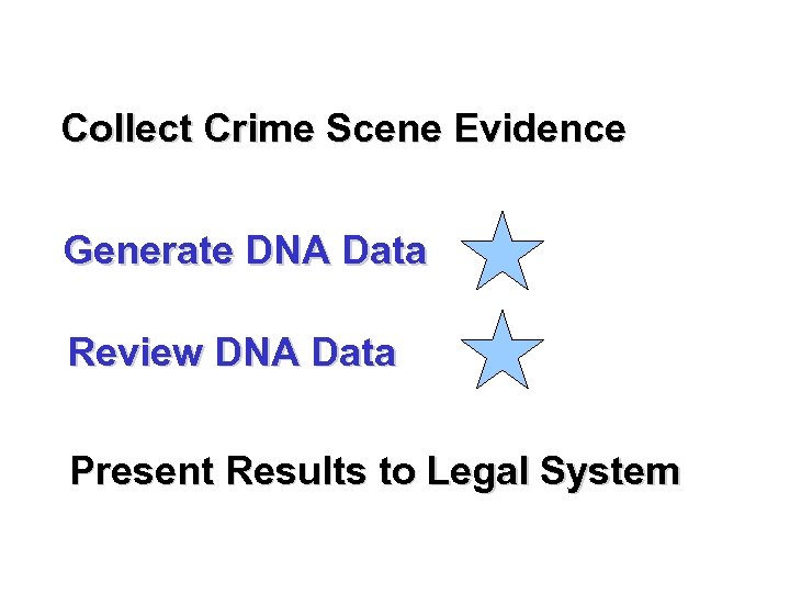 Collect Crime Scene Evidence Generate DNA Data Review DNA Data Present Results to Legal
