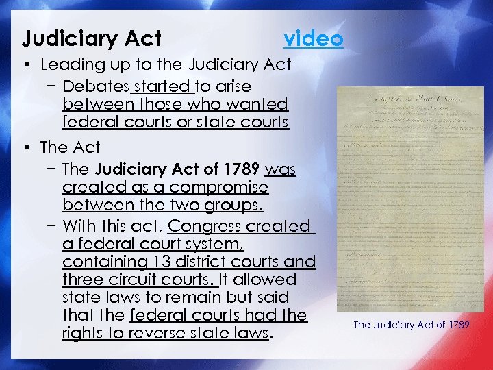 Judiciary Act video • Leading up to the Judiciary Act − Debates started to