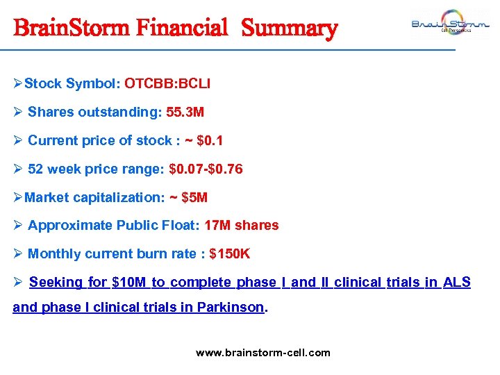 Brain. Storm Financial Summary ØStock Symbol: OTCBB: BCLI Ø Shares outstanding: 55. 3 M