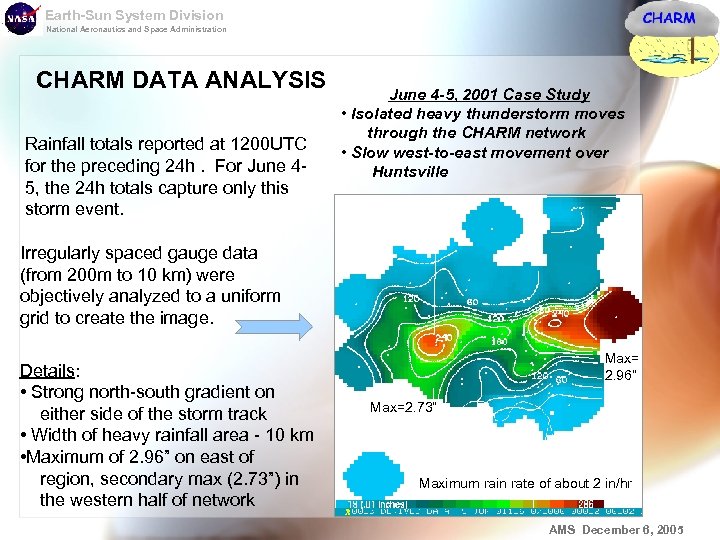 Earth-Sun System Division National Aeronautics and Space Administration CHARM DATA ANALYSIS Rainfall totals reported