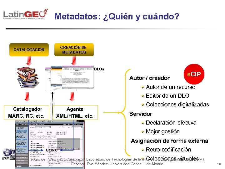 Metadatos: ¿Quién y cuándo? CREACIÓN DE METADATOS CATALOGACIÓN “Arte” de cariz técnico DLOs Autor