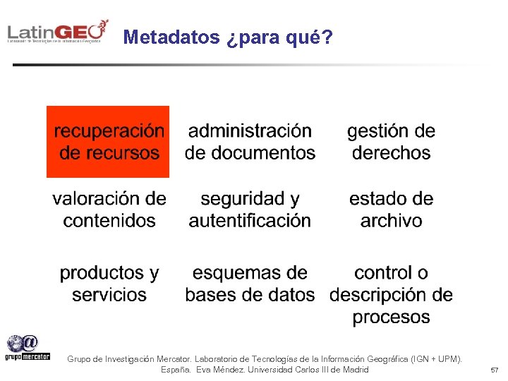 Metadatos ¿para qué? Grupo de Investigación Mercator. Laboratorio de Tecnologías de la Información Geográfica